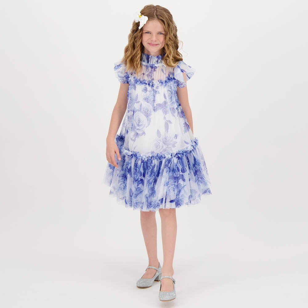 Angel's Face-Girls Blue Floral Tulle Dress | Childrensalon