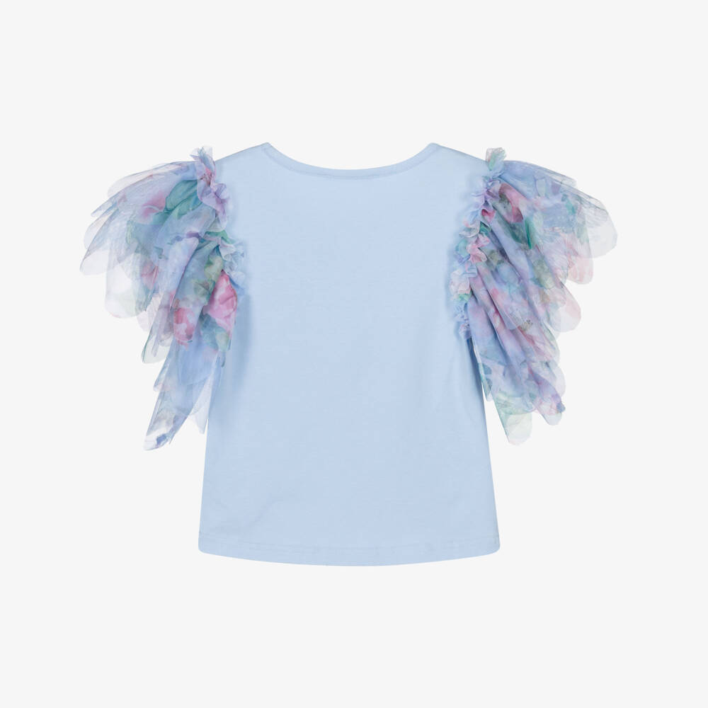 Angel's Face-Girls Blue Jersey T-Shirt with Floral Tulle Sleeves | Childrensalon
