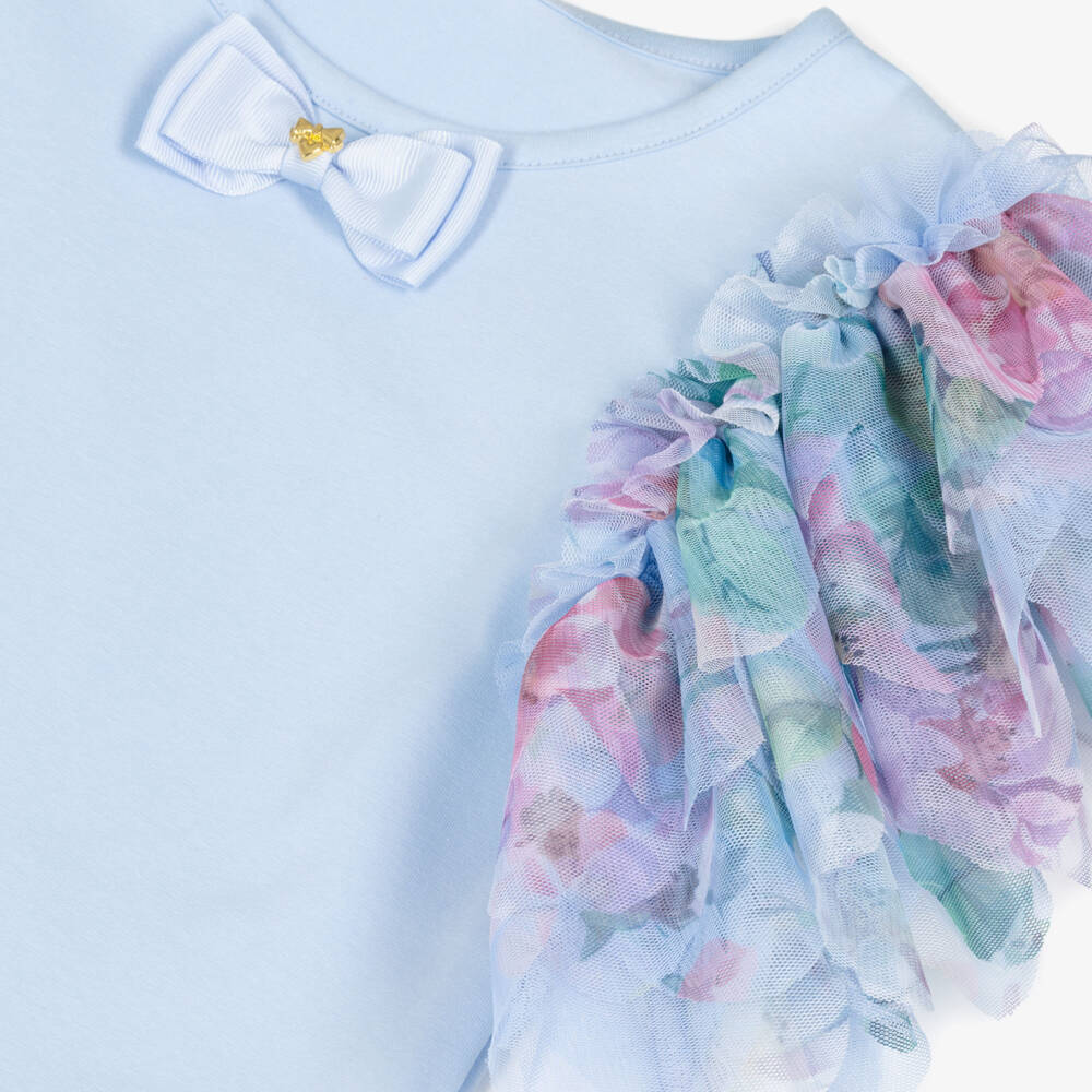 Angel's Face-Girls Blue Jersey T-Shirt with Floral Tulle Sleeves | Childrensalon