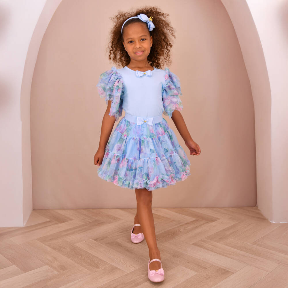 Angel's Face-Girls Blue Jersey T-Shirt with Floral Tulle Sleeves | Childrensalon