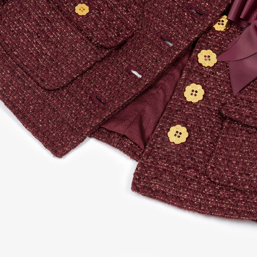 Angel's Face-Girls Burgundy & Gold Gianna Tweed Jacket with Bow | Childrensalon