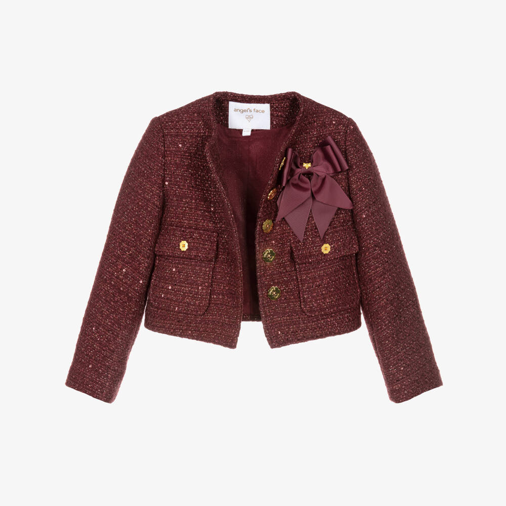 Angel's Face-Girls Burgundy & Gold Gianna Tweed Jacket with Bow | Childrensalon