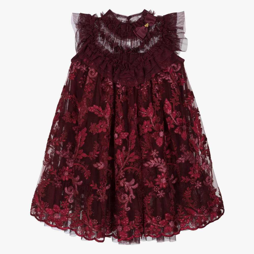 Angel's Face-Girls Burgundy Red Embroidered Floral Tulle Dress | Childrensalon