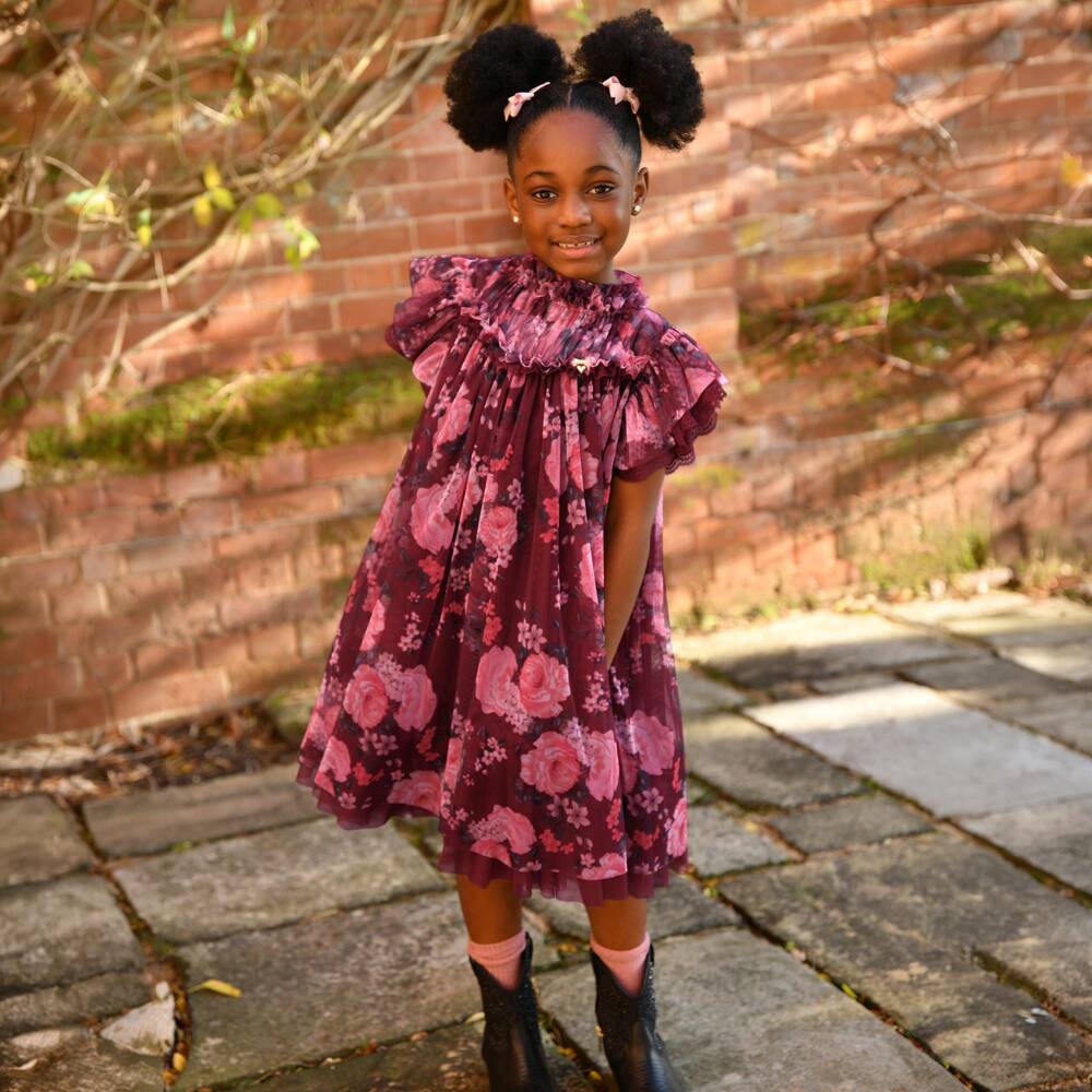 Angel's Face-Girls Burgundy Red Floral Tulle Hettie Dress | Childrensalon