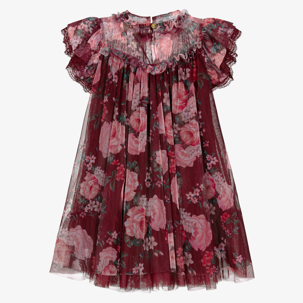Angel's Face-Girls Burgundy Red Floral Tulle Hettie Dress | Childrensalon