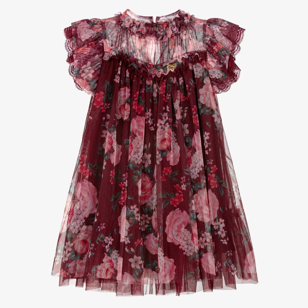 Angel's Face-Girls Burgundy Red Floral Tulle Hettie Dress | Childrensalon