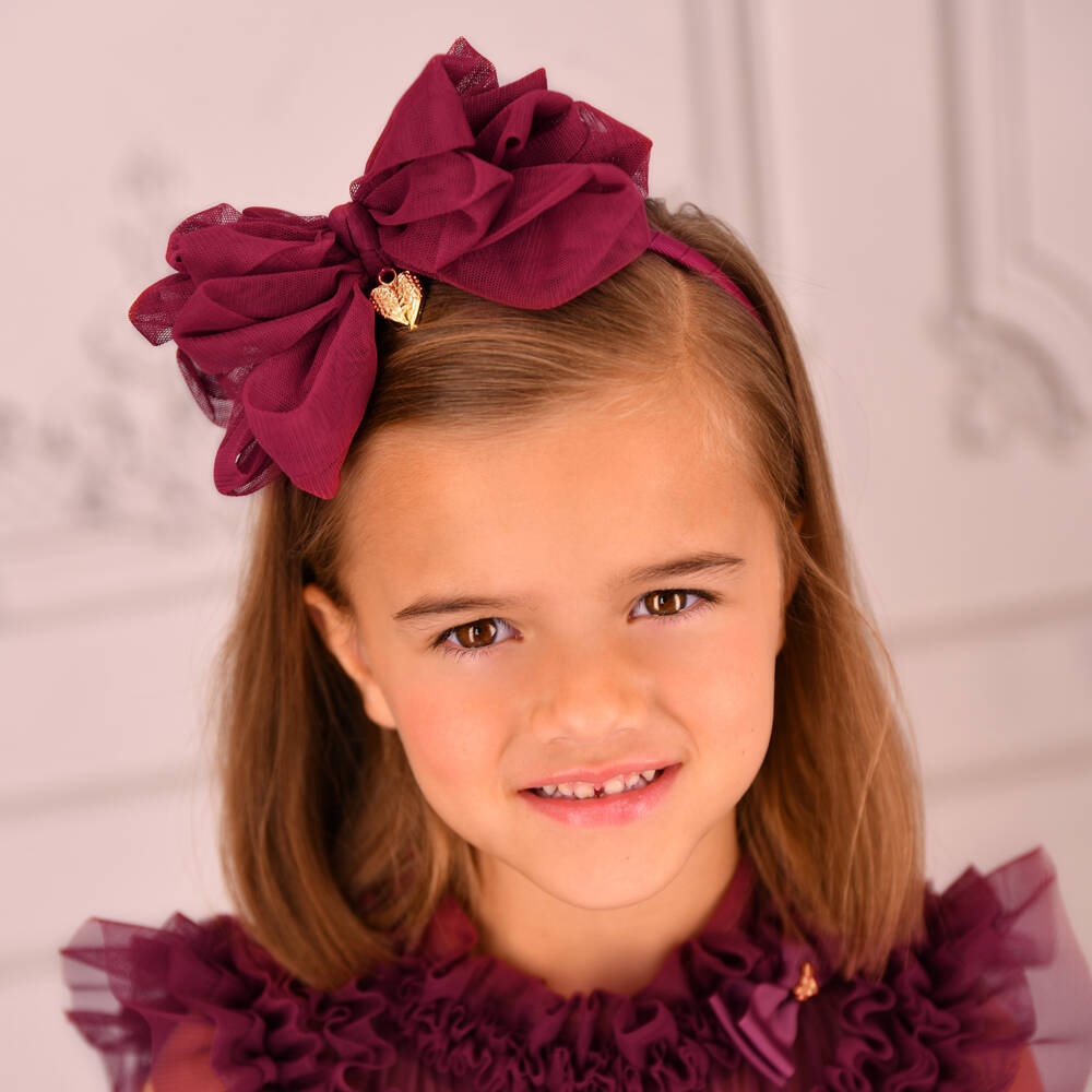 Angel's Face-Girls Burgundy Red Tulle Bow Hairband  | Childrensalon