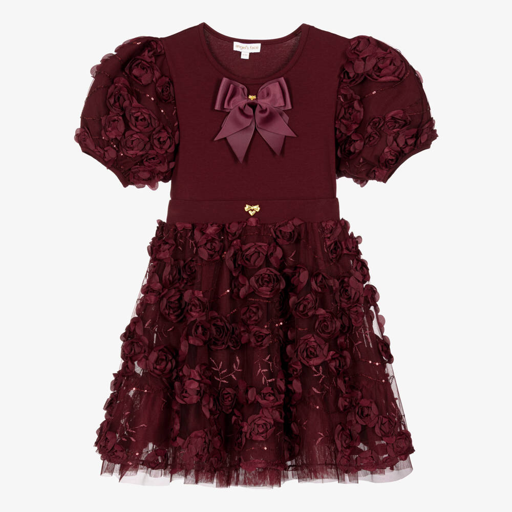 Angel's Face-Girls Burgundy Tulle Aliza Skirt Set with 3D Roses | Childrensalon
