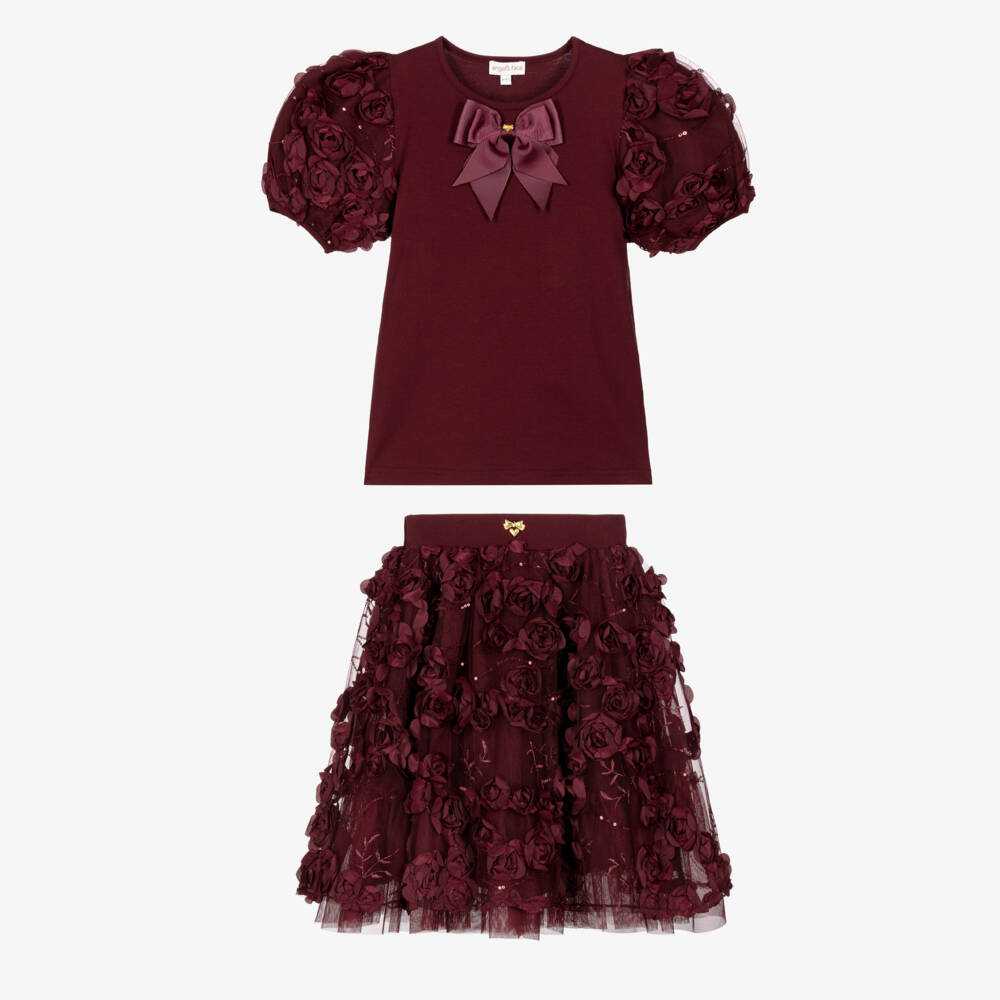 Angel's Face-Girls Burgundy Tulle Aliza Skirt Set with 3D Roses | Childrensalon