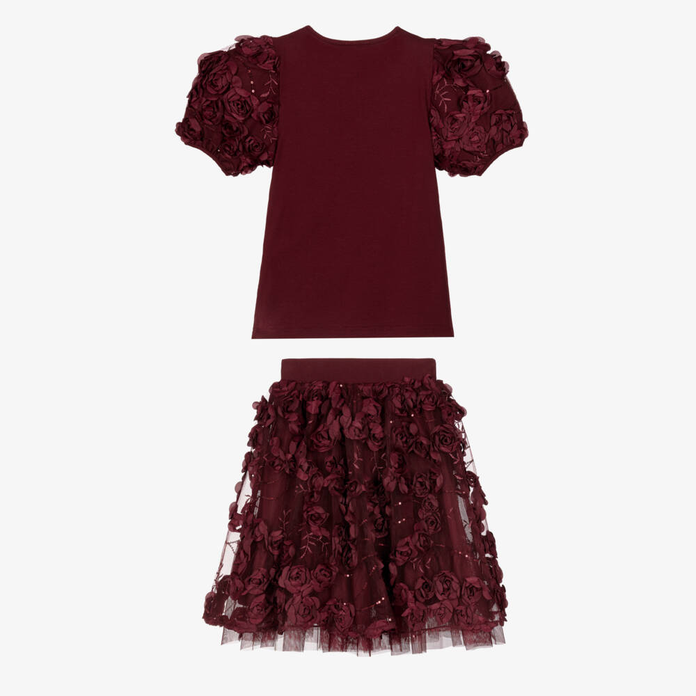 Angel's Face-Girls Burgundy Tulle Aliza Skirt Set with 3D Roses | Childrensalon