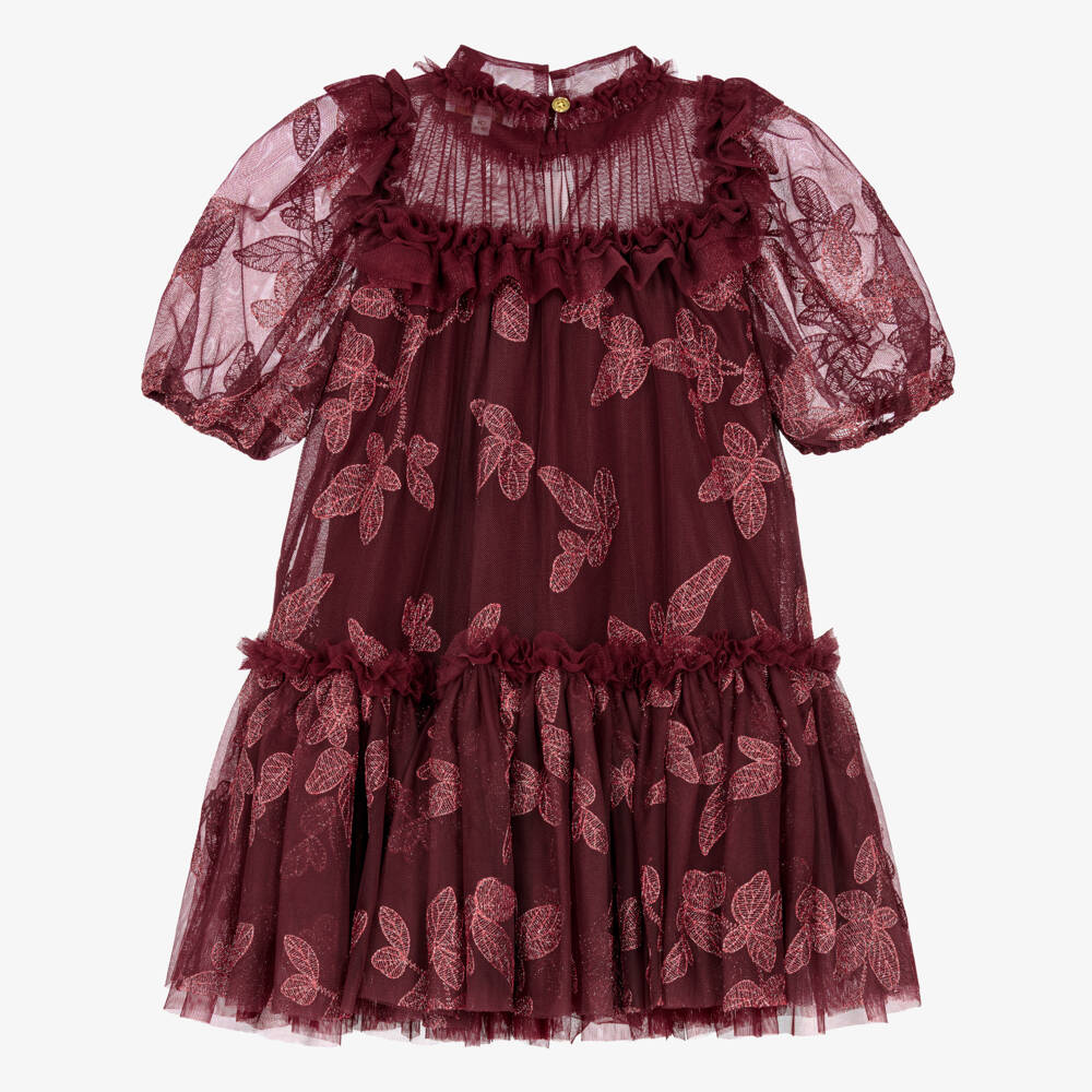 Angel's Face-Girls Burgundy Tulle Myrtisa Dress with Leaf Embroidery | Childrensalon