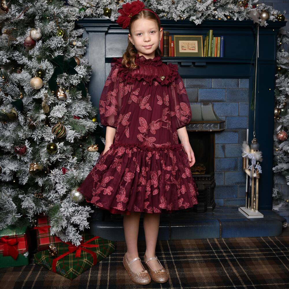 Angel's Face-Girls Burgundy Tulle Myrtisa Dress with Leaf Embroidery | Childrensalon
