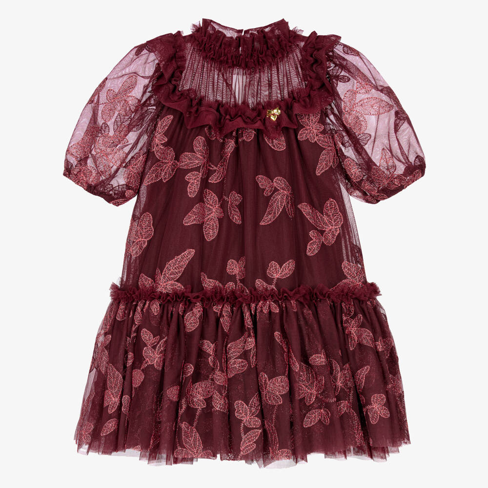 Angel's Face-Girls Burgundy Tulle Myrtisa Dress with Leaf Embroidery | Childrensalon