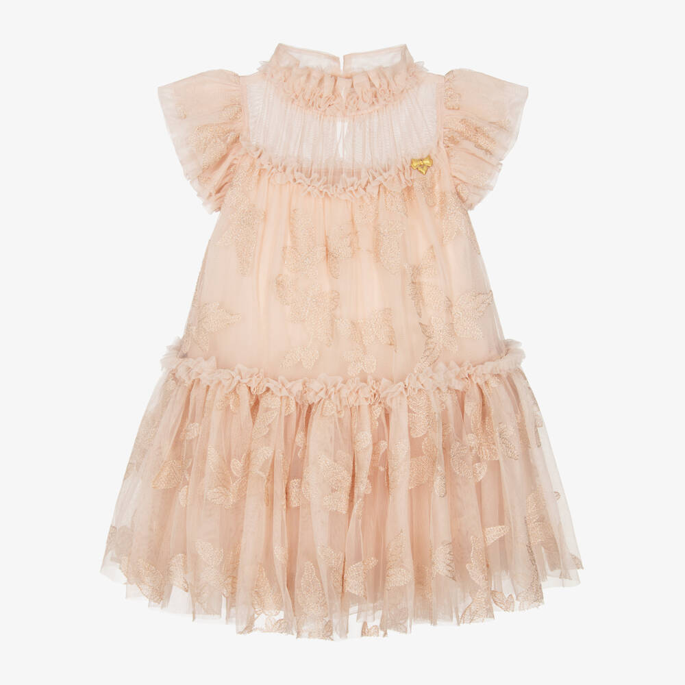 Angel's Face-Girls Champagne Tulle Dress with Embroidered Leaf Detail | Childrensalon
