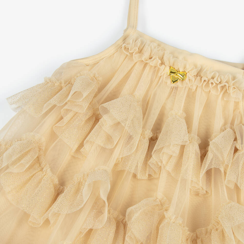 Angel's Face-Girls Glittery Gold Ruffled Tulle Dress | Childrensalon