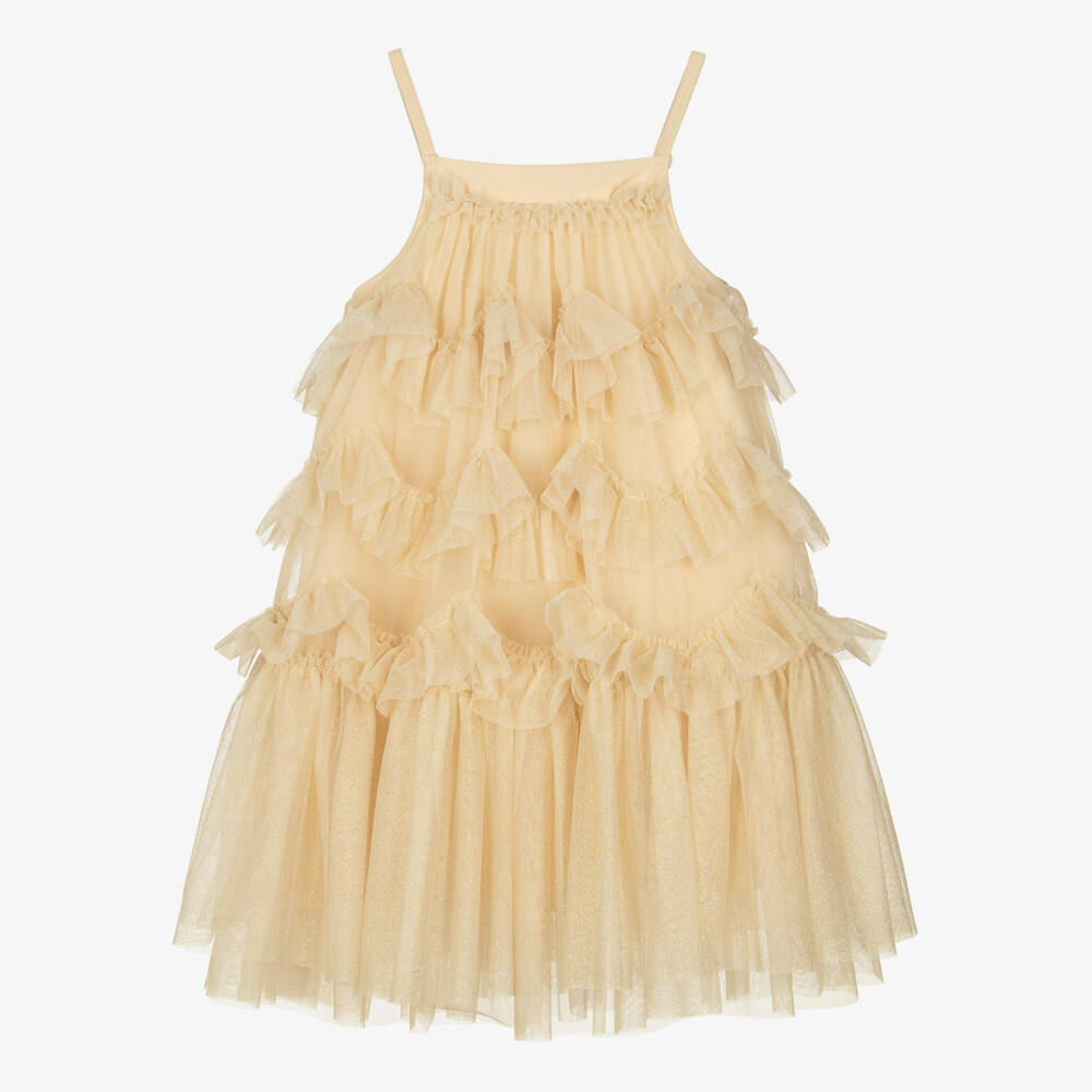 Angel's Face-Girls Glittery Gold Ruffled Tulle Dress | Childrensalon