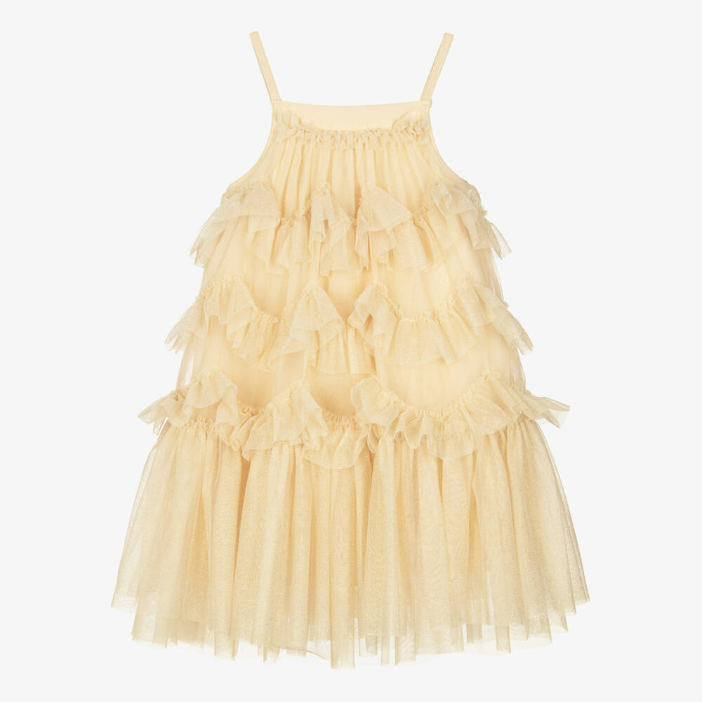 Angel's Face-Girls Glittery Gold Ruffled Tulle Dress | Childrensalon