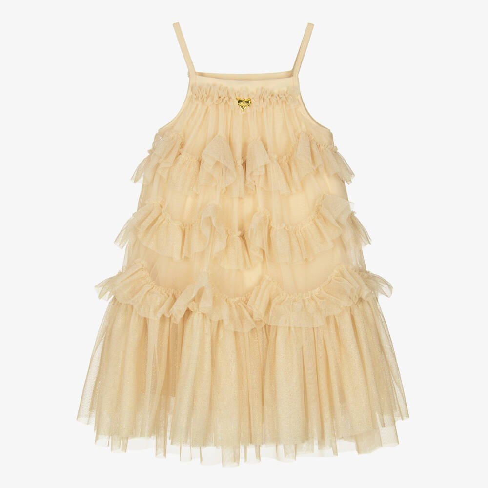 Angel's Face-Girls Glittery Gold Ruffled Tulle Dress | Childrensalon