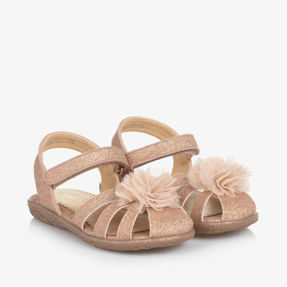 Angel's Face-Girls Glittery Rose Gold Sandals with Tulle Flower Appliqué | Childrensalon