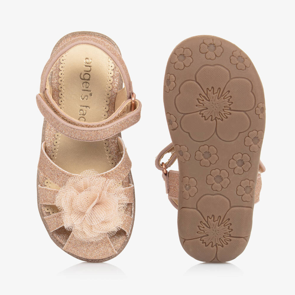 Angel's Face-Girls Glittery Rose Gold Sandals with Tulle Flower Appliqué | Childrensalon