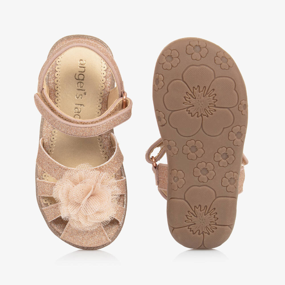 Angel's Face-Girls Glittery Rose Gold Sandals with Tulle Flower Appliqué | Childrensalon