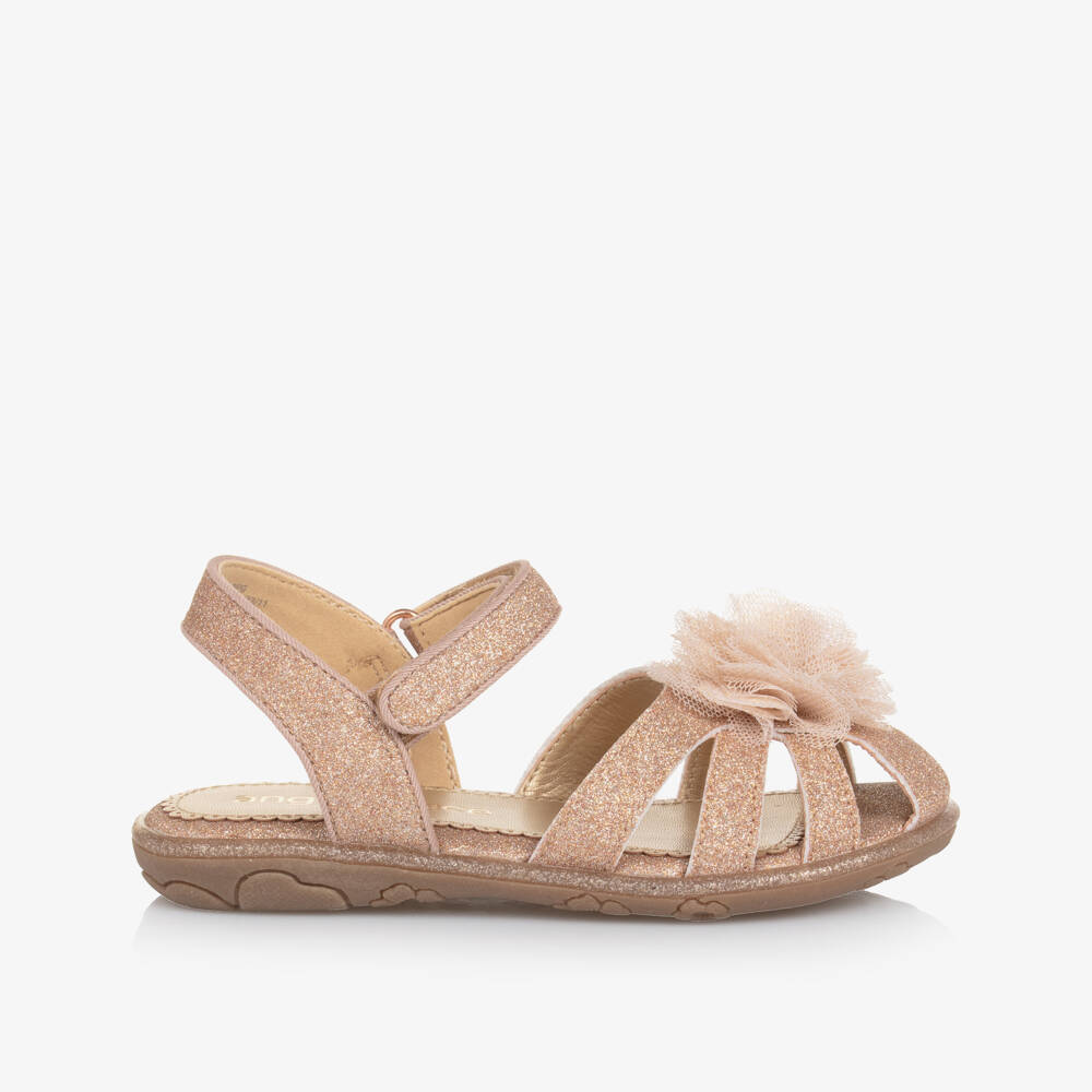 Angel's Face-Girls Glittery Rose Gold Sandals with Tulle Flower Appliqué | Childrensalon
