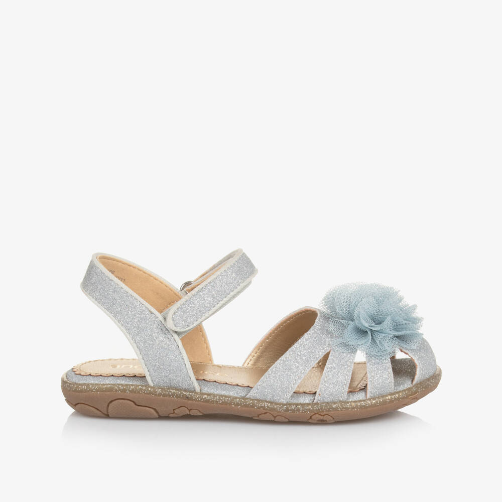 Angel's Face-Girls Glittery Silver Sandals with Tulle Flower Appliqué | Childrensalon