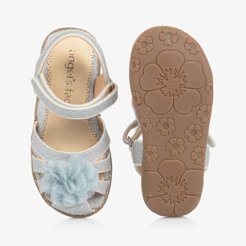 Angel's Face-Girls Glittery Silver Sandals with Tulle Flower Appliqué | Childrensalon