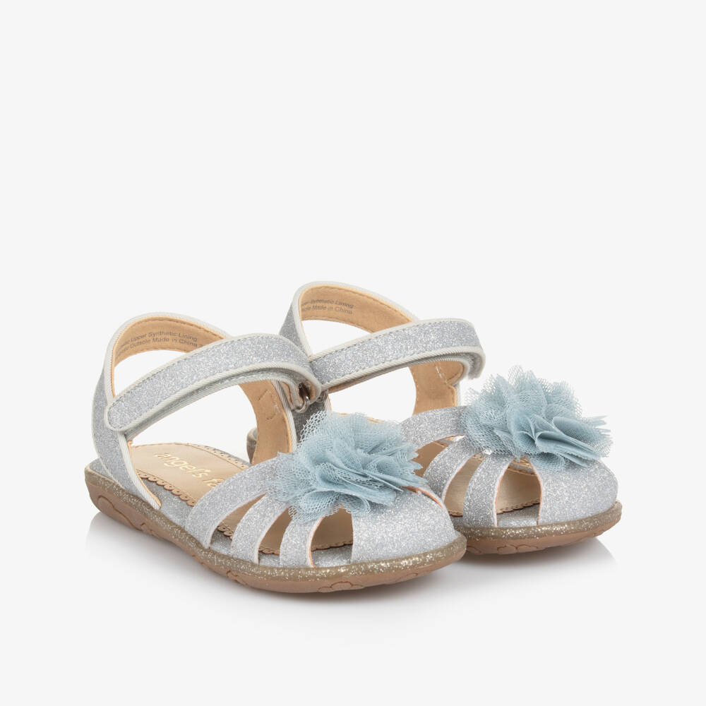 Angel's Face-Girls Glittery Silver Sandals with Tulle Flower Appliqué | Childrensalon
