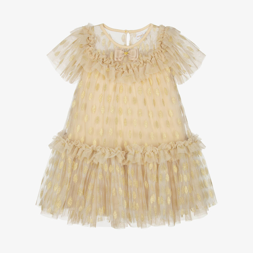 Angel's Face-Girls Gold Embroidered Tulle Ruffle Dress | Childrensalon