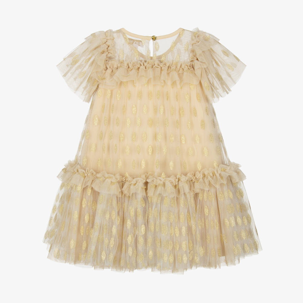 Angel's Face-Girls Gold Embroidered Tulle Ruffle Dress | Childrensalon