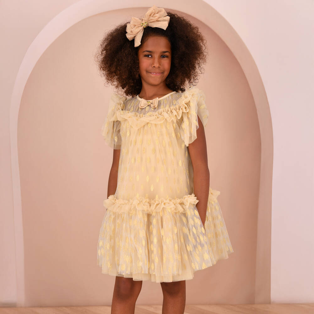 Angel's Face-فستان تول مطرز ومزين بكشكش لون ذهبي للبنات | Childrensalon