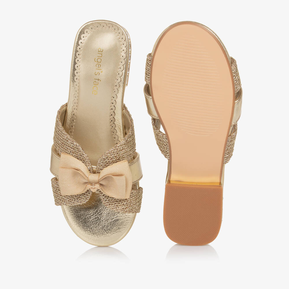 Angel's Face-Girls Gold Faux Leather Slip-on Sandals with Logo Bows | Childrensalon