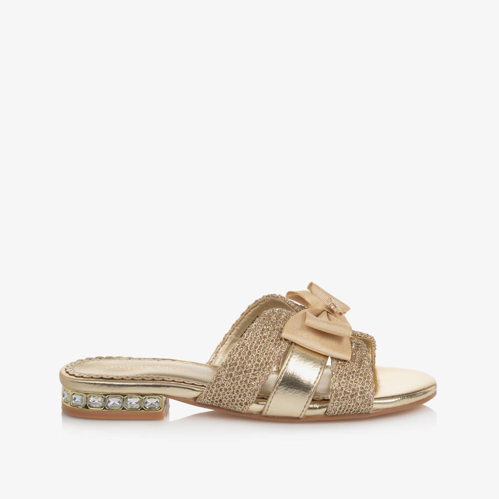 Angel's Face-Girls Gold Faux Leather Slip-on Sandals with Logo Bows | Childrensalon