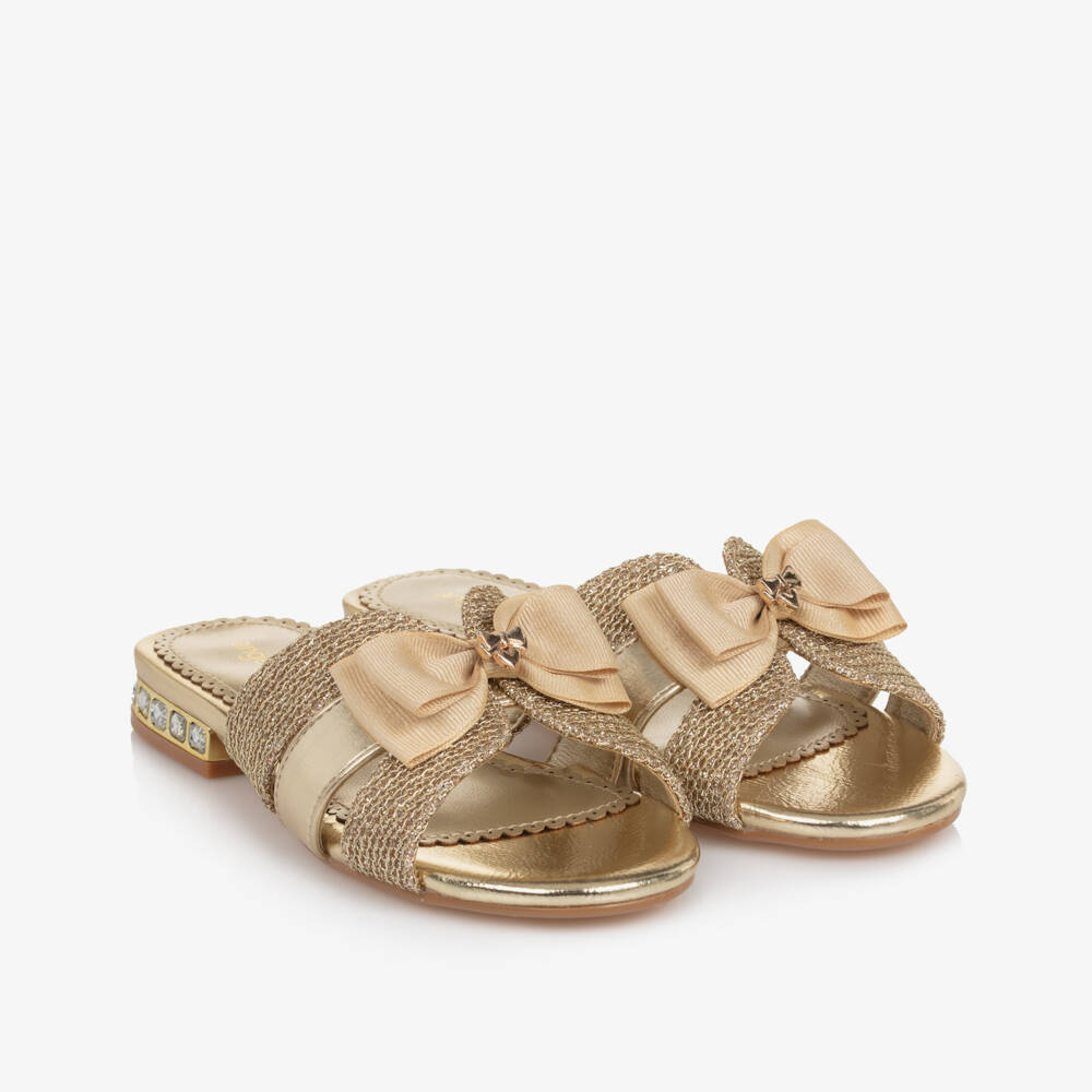 Angel's Face-Girls Gold Faux Leather Slip-on Sandals with Logo Bows | Childrensalon