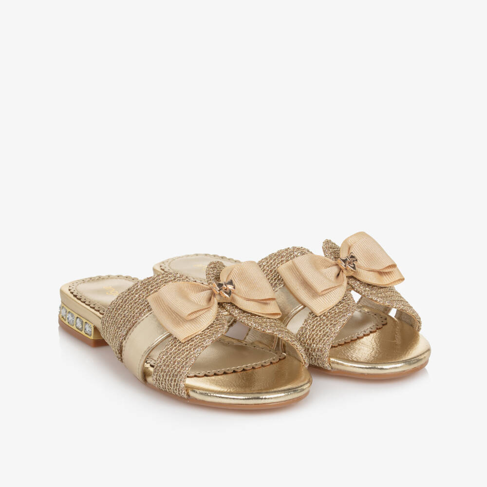 Angel's Face-Girls Gold Faux Leather Slip-on Sandals with Logo Bows | Childrensalon
