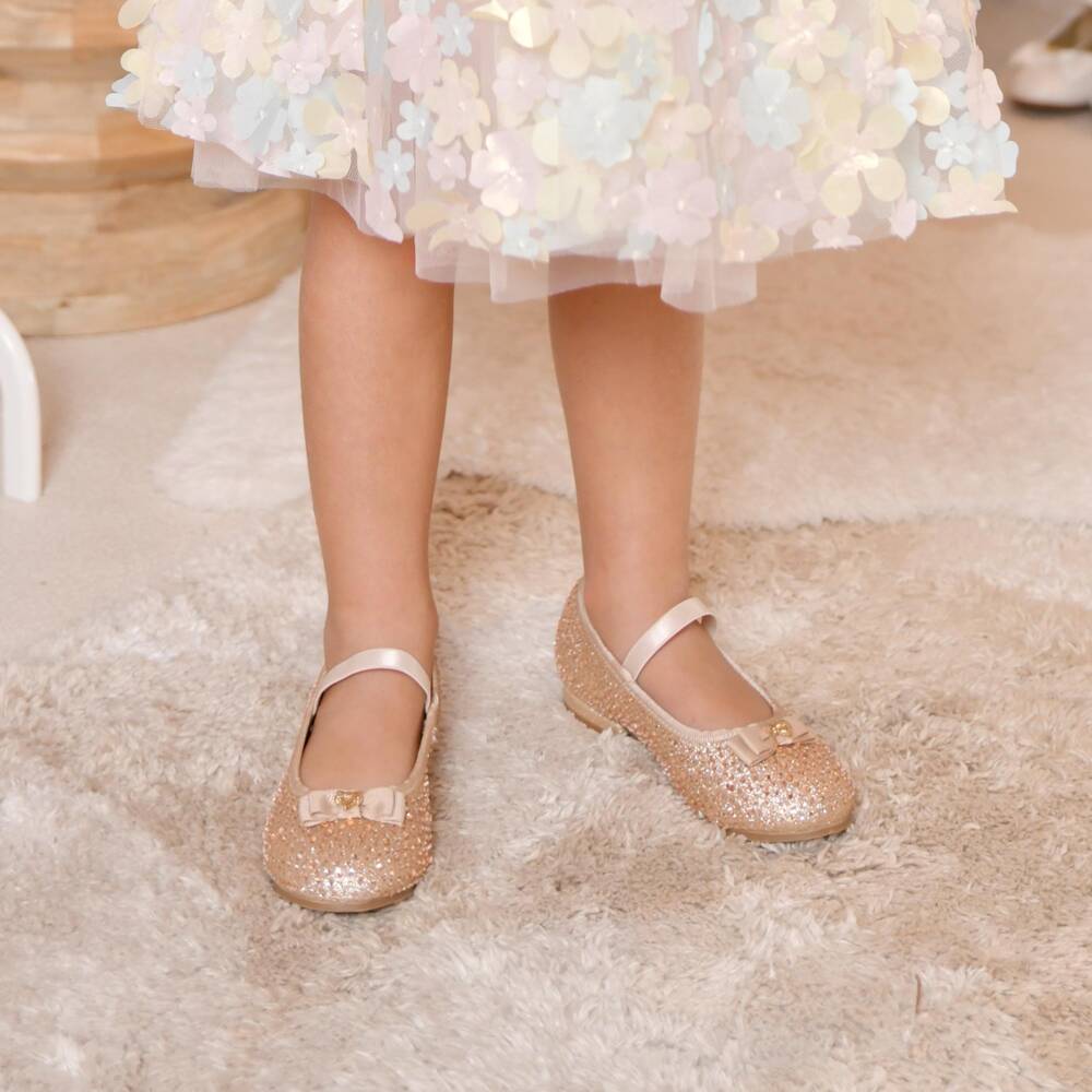 Angel's Face-Girls Gold Glitter & Diamanté Ballerina Shoes with Logo Bow | Childrensalon