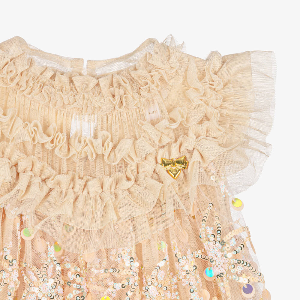 Angel's Face-Girls Gold Tulle Dress with Sequinned Floral Pattern | Childrensalon