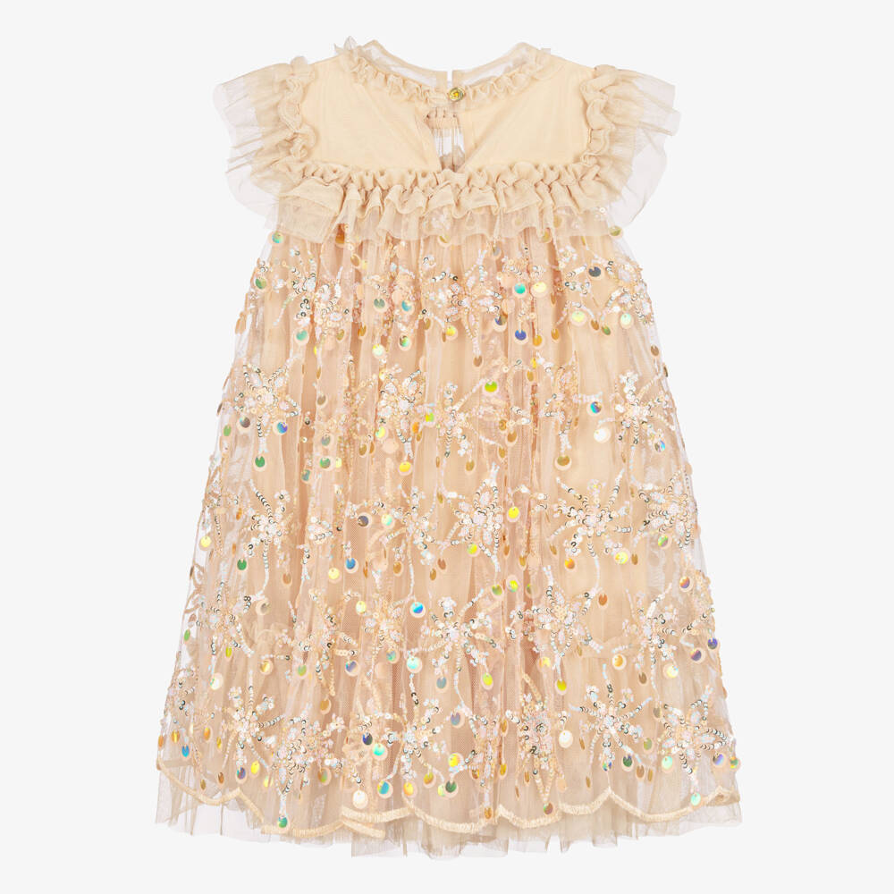 Angel's Face-Girls Gold Tulle Dress with Sequinned Floral Pattern | Childrensalon