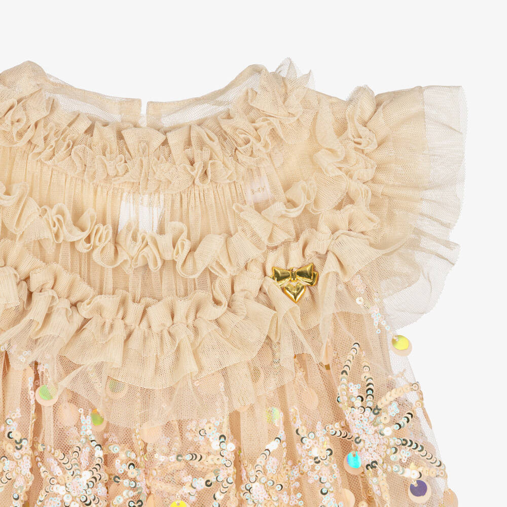 Angel's Face-Girls Gold Tulle Dress with Sequinned Floral Pattern | Childrensalon