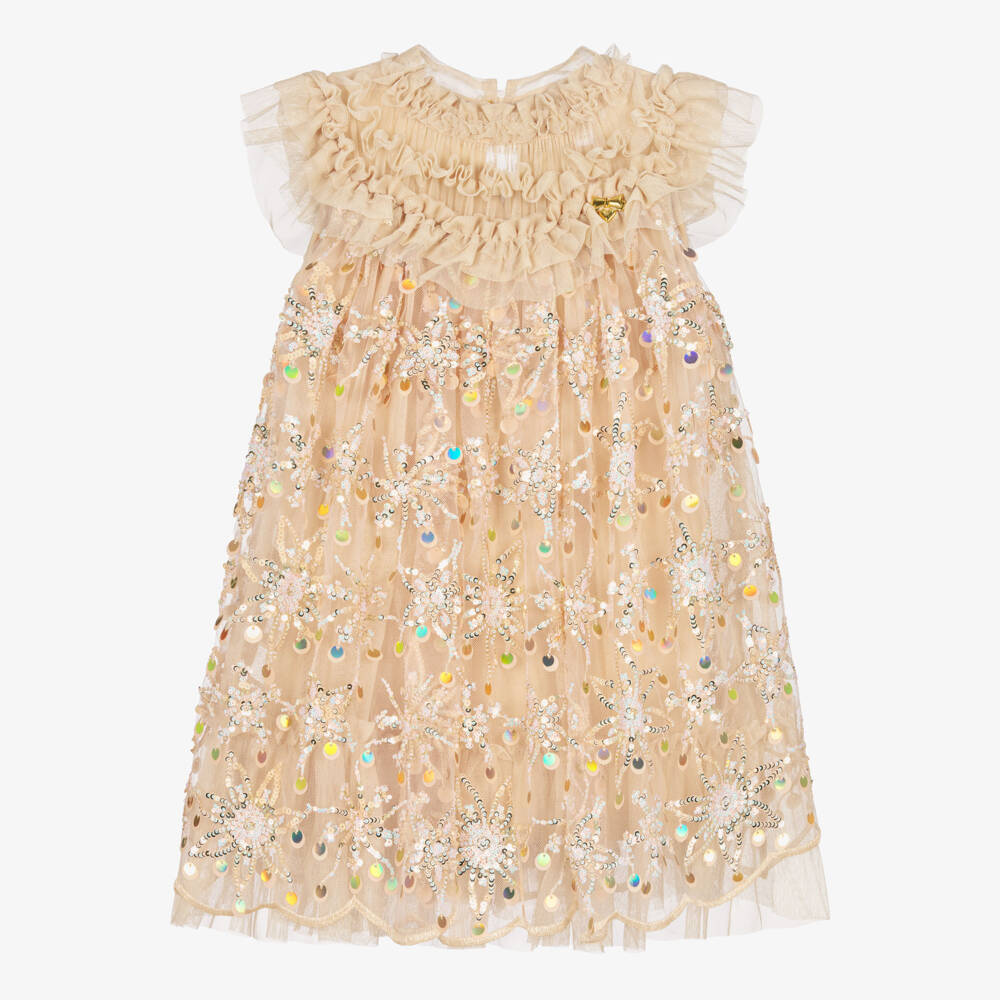 Angel's Face-Girls Gold Tulle Dress with Sequinned Floral Pattern | Childrensalon