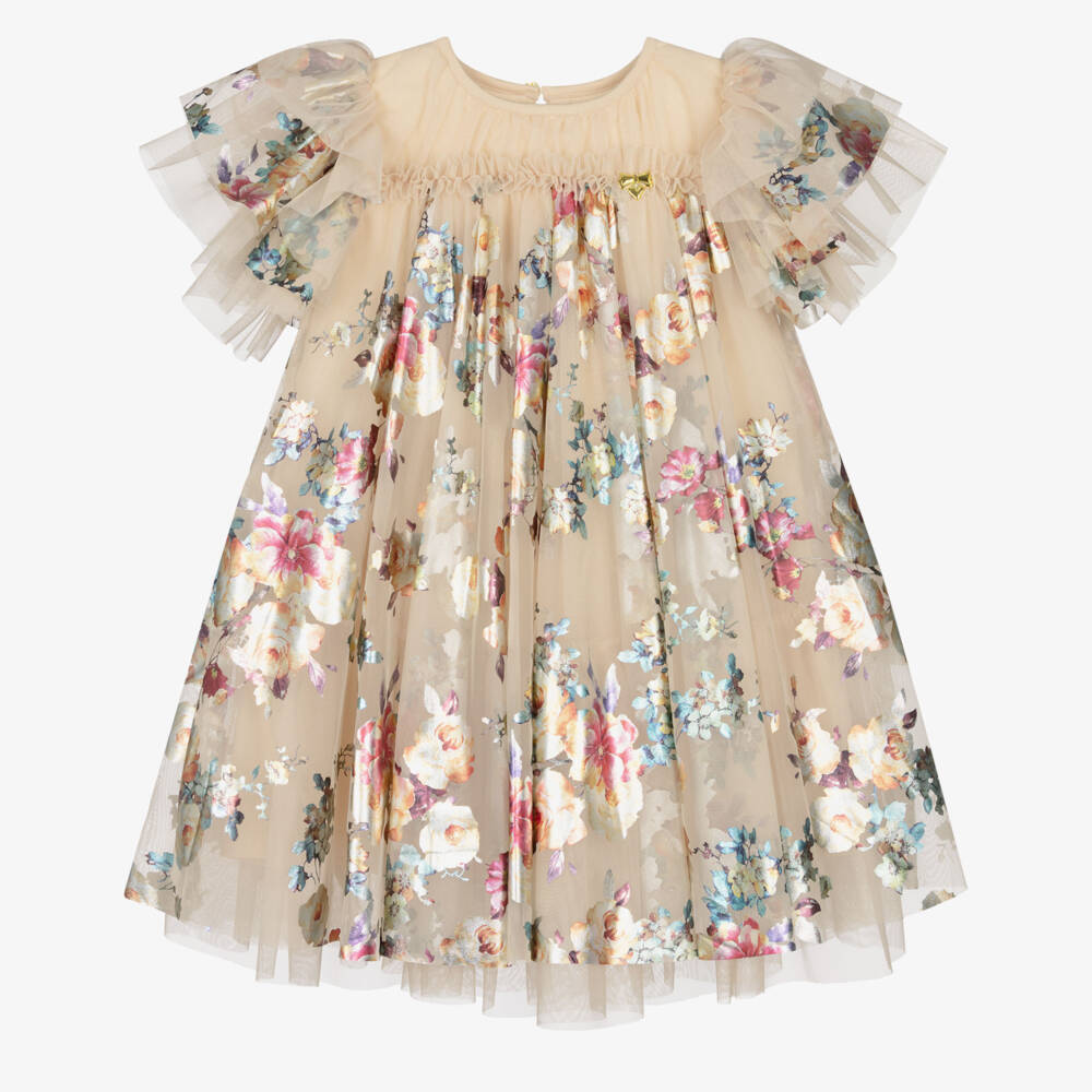 Angel's Face-Girls Golden Tulle Dress with Foil Floral Prints | Childrensalon