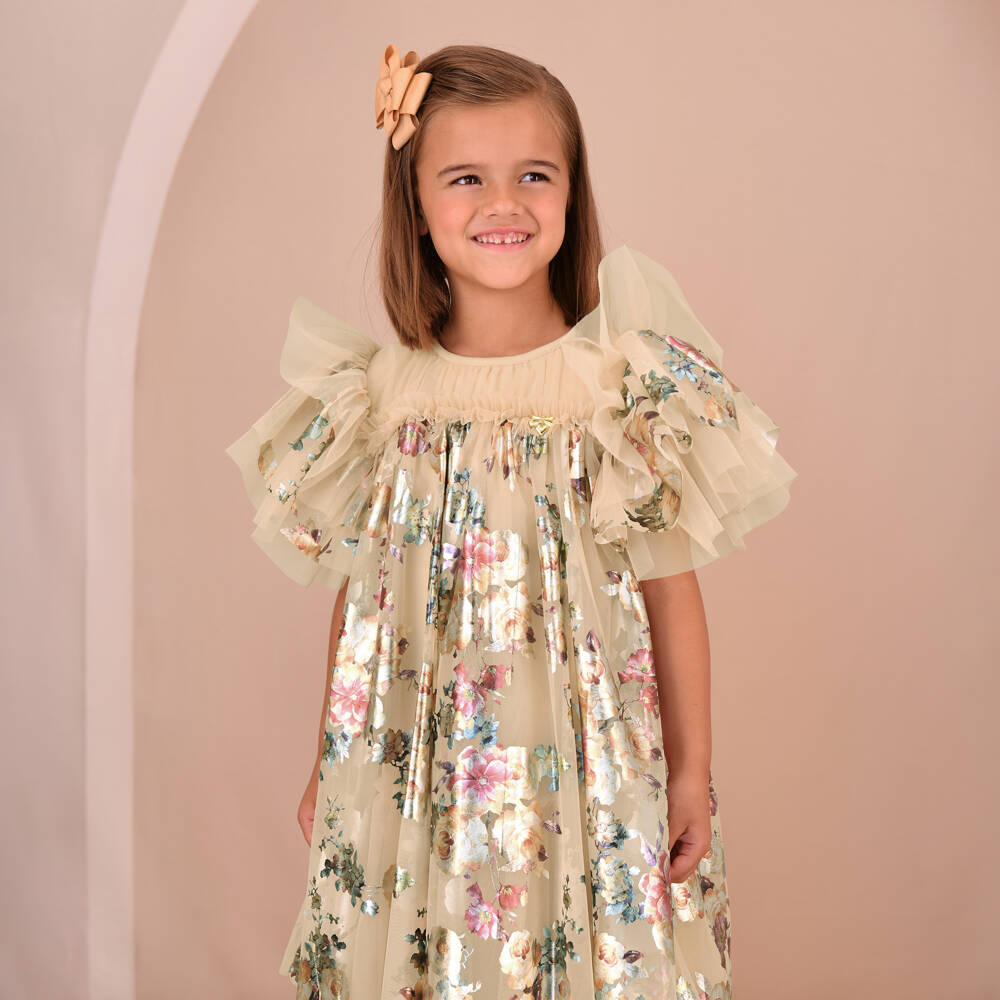 Angel's Face-Girls Golden Tulle Dress with Foil Flowers | Childrensalon