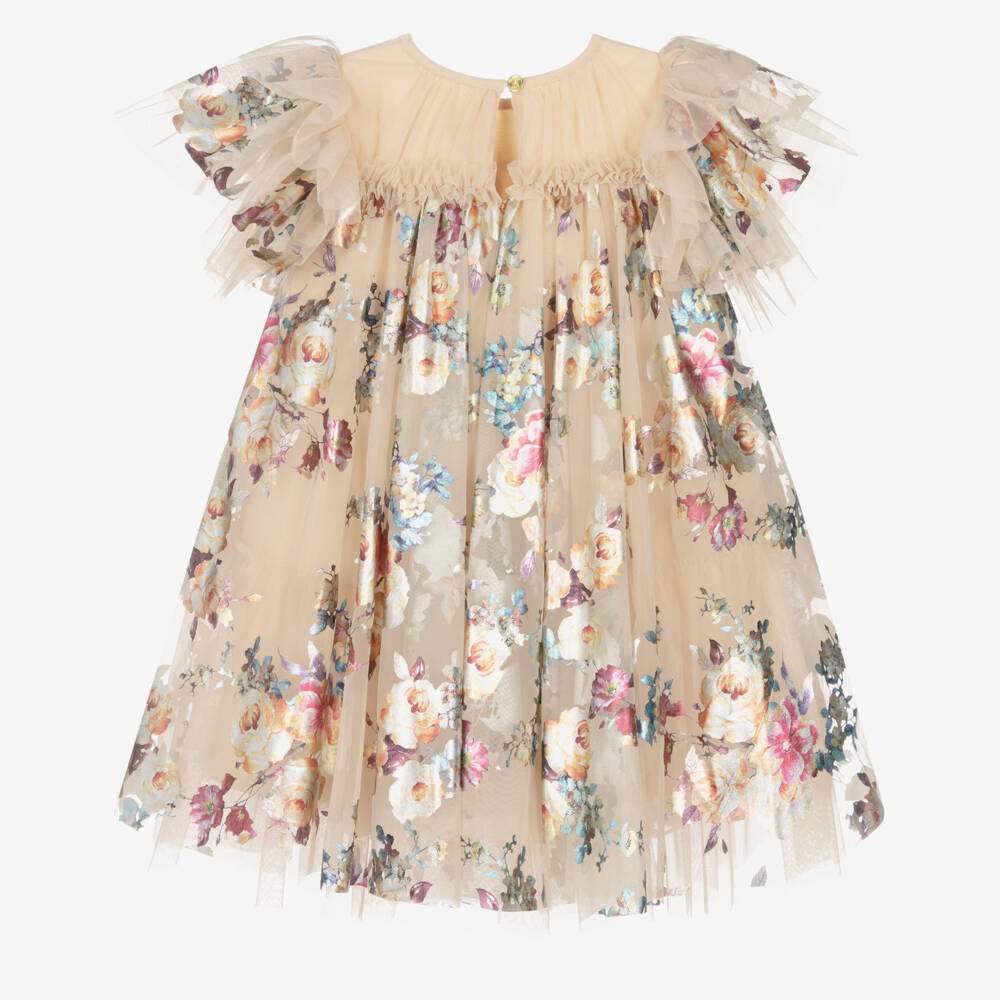 Angel's Face-Girls Golden Tulle Dress with Foil Flowers | Childrensalon