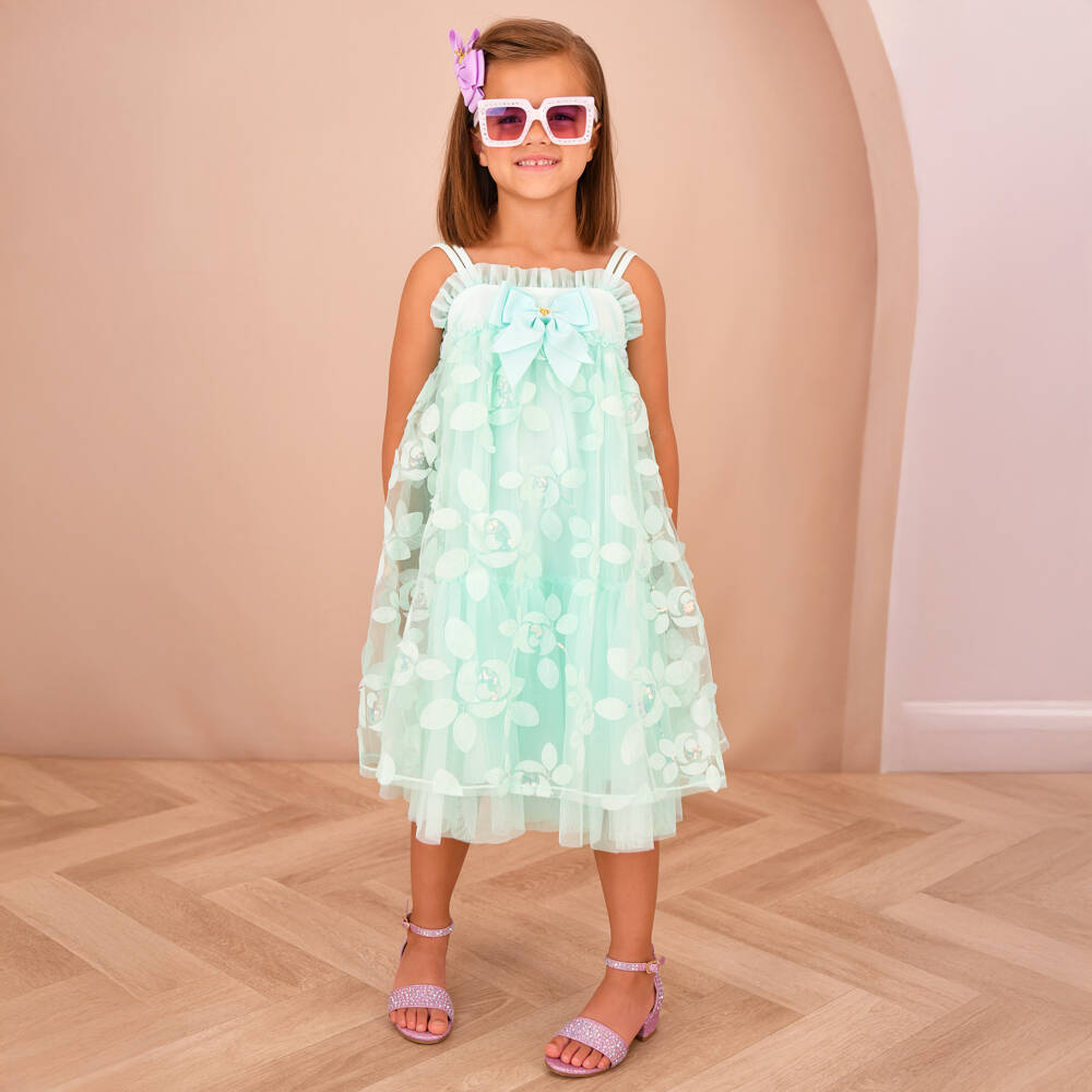 Angel's Face-Girls Green Cotton Jersey & Appliquéd Tulle Dress | Childrensalon