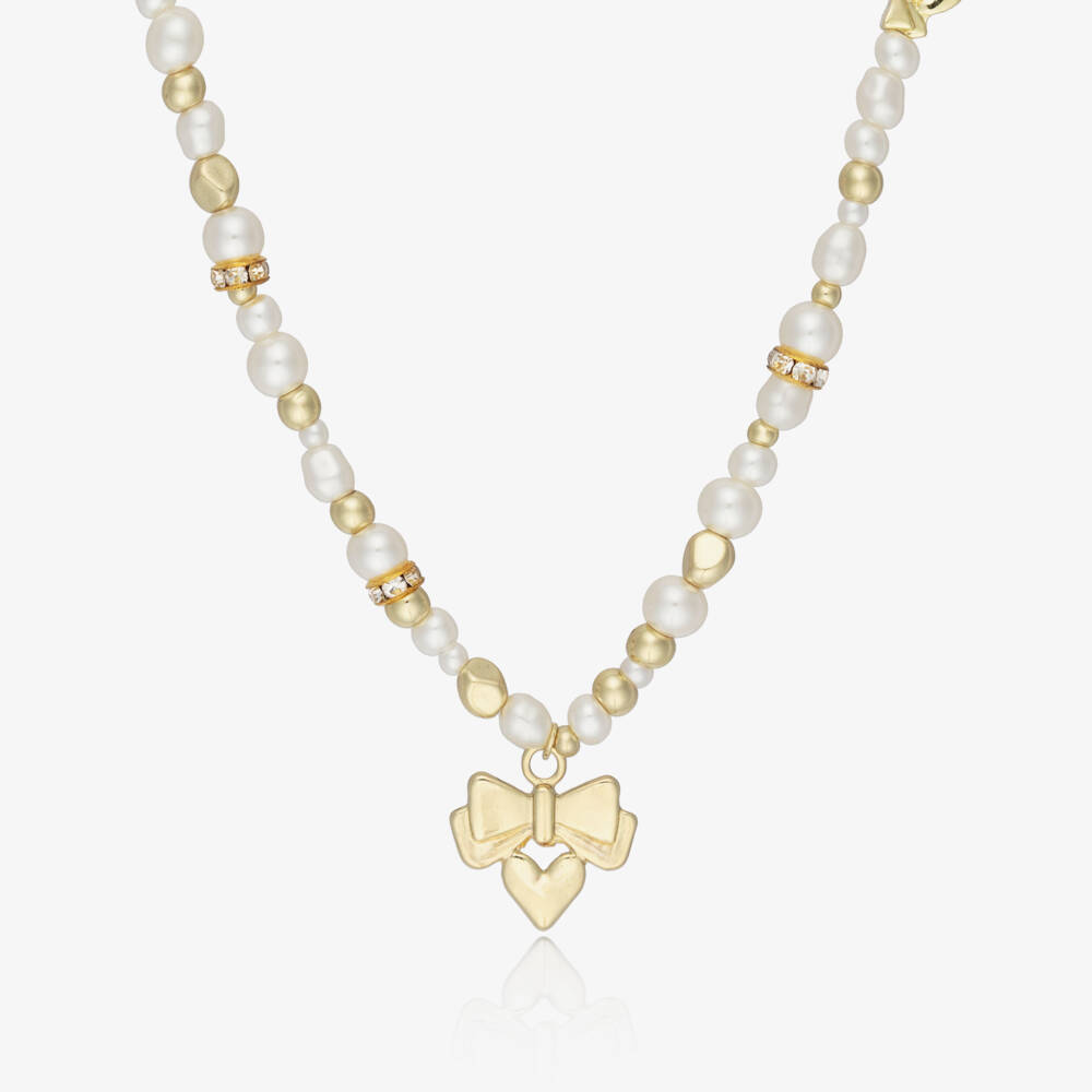 Angel's Face-Girls Ivory Pearl & Gold Bow Necklace (46cm) | Childrensalon