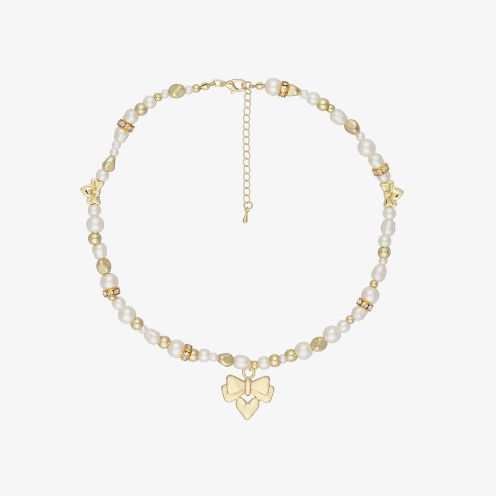 Angel's Face-Girls Ivory Pearl & Gold Logo Bow Necklace (46cm) | Childrensalon