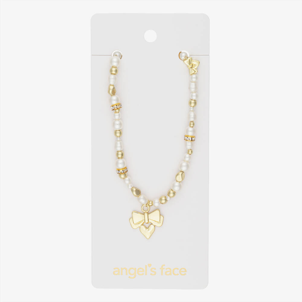 Angel's Face-Girls Ivory Pearl & Gold Logo Bow Necklace (46cm) | Childrensalon
