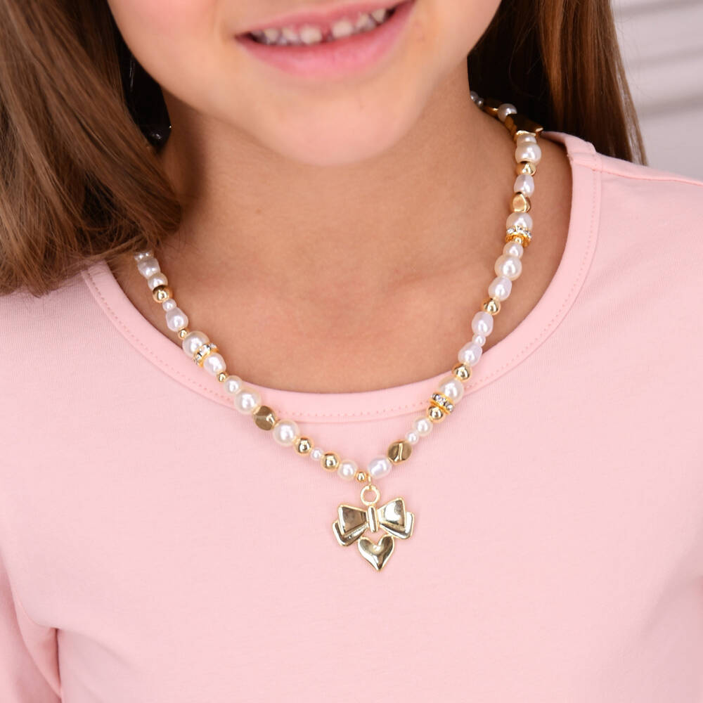 Angel's Face-Girls Ivory Pearl & Gold Logo Bow Necklace (46cm) | Childrensalon