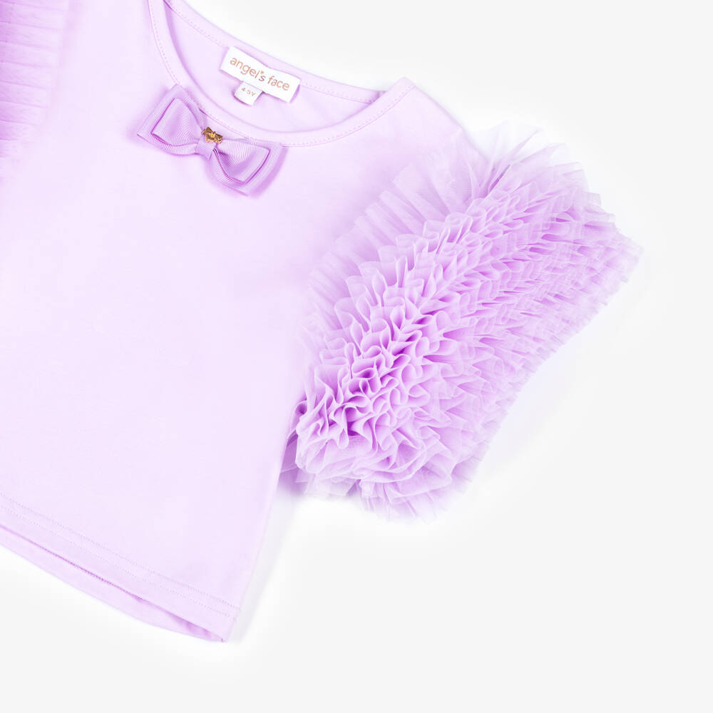Angel's Face-Girls Lavender Jersey T-Shirt with Tulle Sleeves | Childrensalon